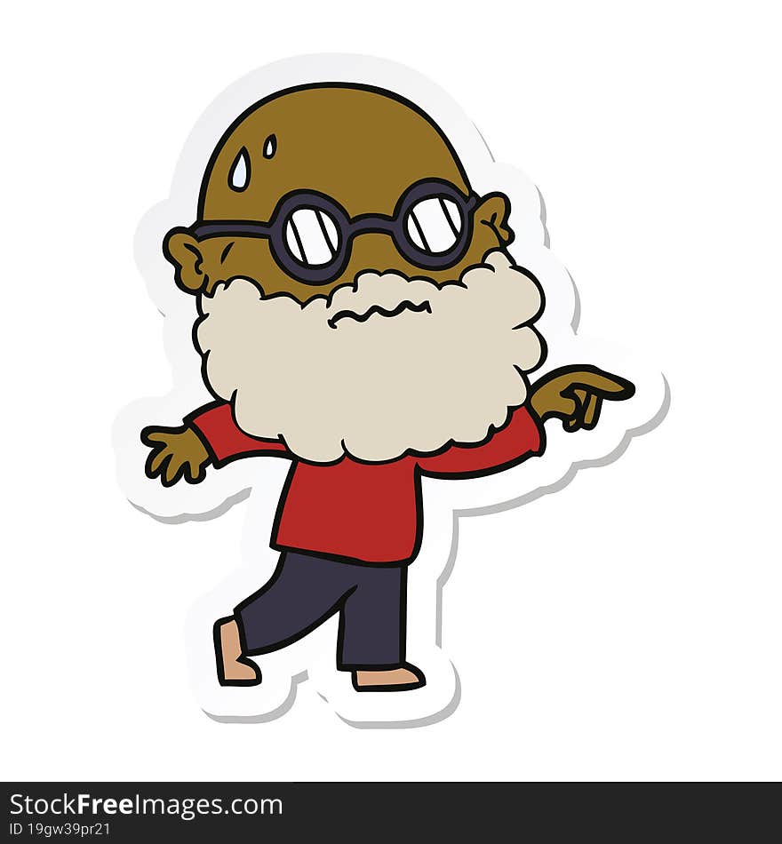 sticker of a cartoon worried man with beard and spectacles pointing finger