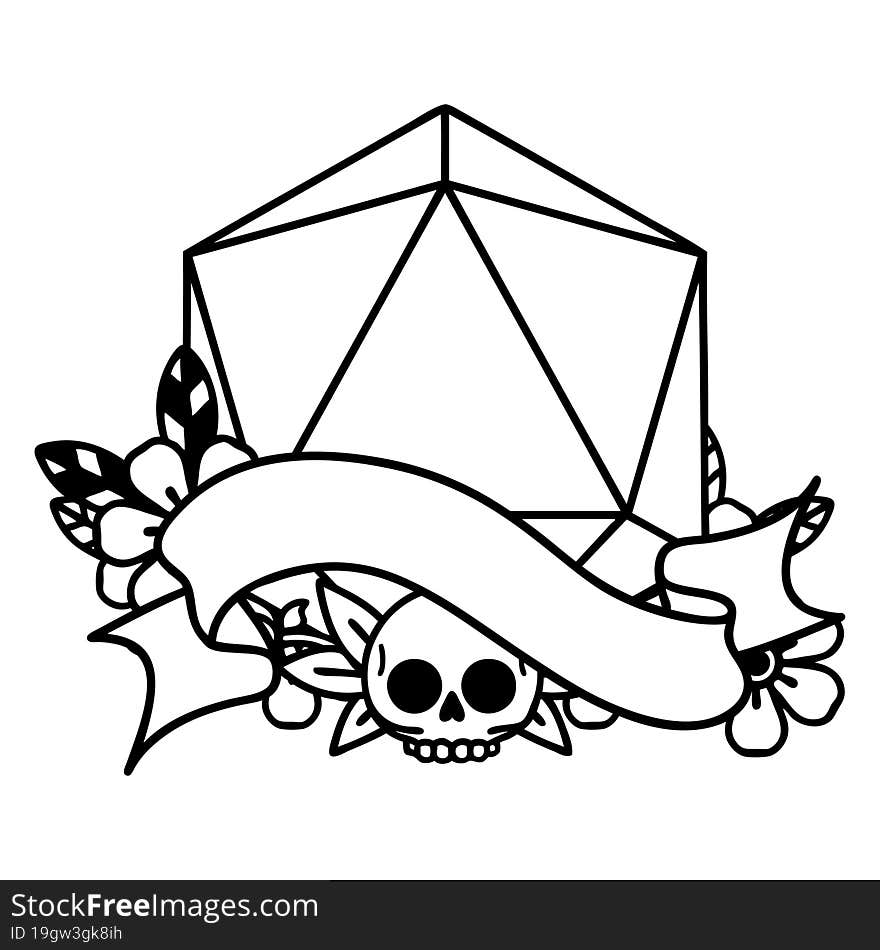 Black and White Tattoo linework Style natural one d20 dice roll. Black and White Tattoo linework Style natural one d20 dice roll