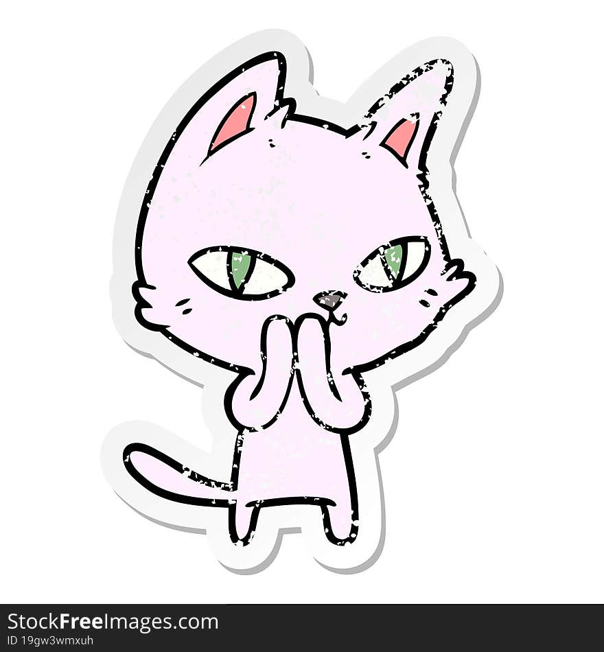 distressed sticker of a cartoon cat staring