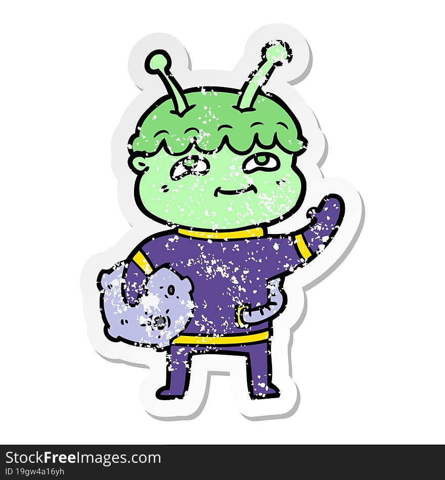 distressed sticker of a friendly cartoon spaceman waving