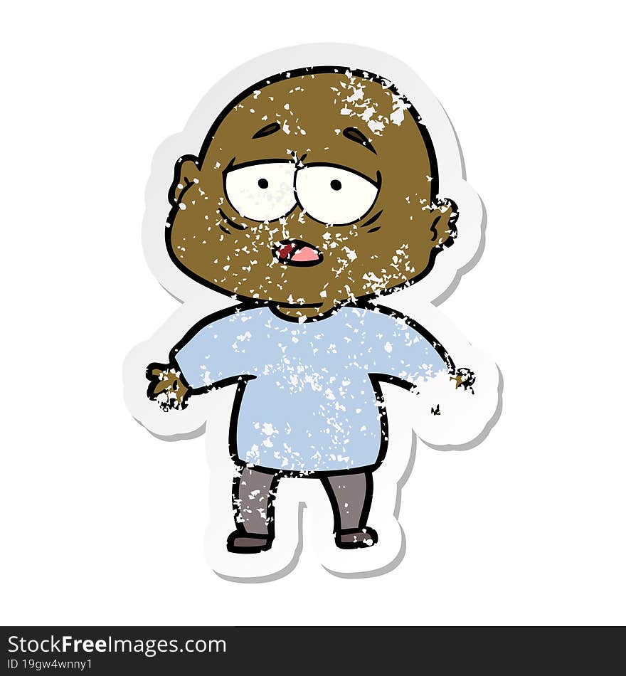 distressed sticker of a cartoon tired bald man