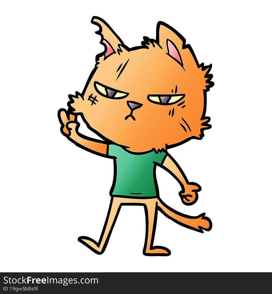 tough cartoon cat giving victory sign. tough cartoon cat giving victory sign