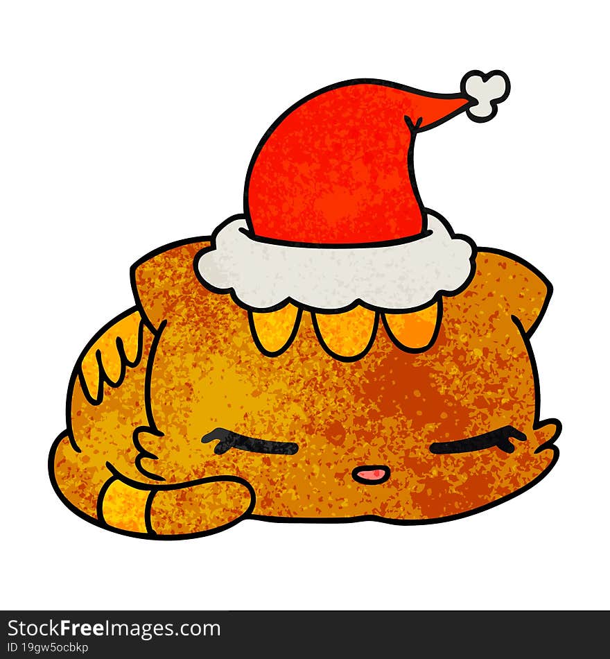 hand drawn christmas textured cartoon of kawaii cat