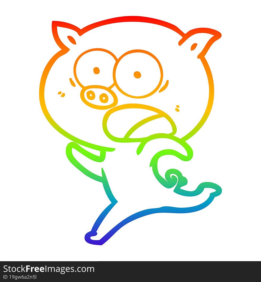 rainbow gradient line drawing of a cartoon pig running