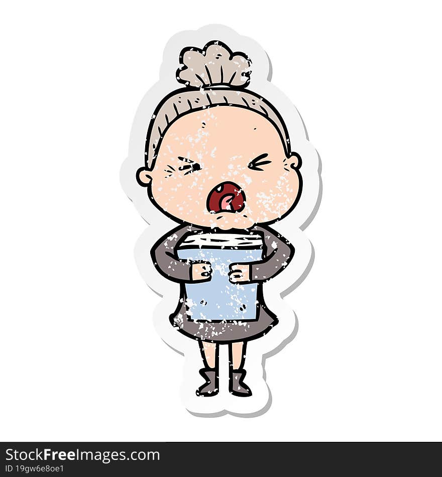 distressed sticker of a cartoon angry old woman