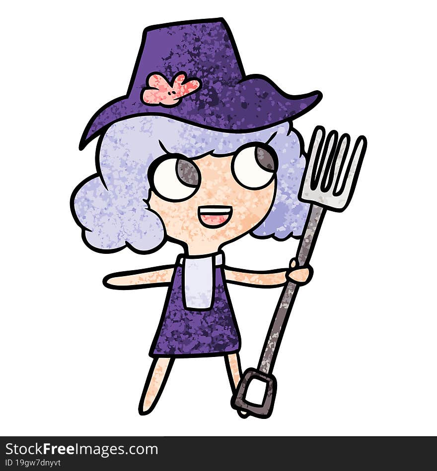 cartoon farmer girl with fork. cartoon farmer girl with fork