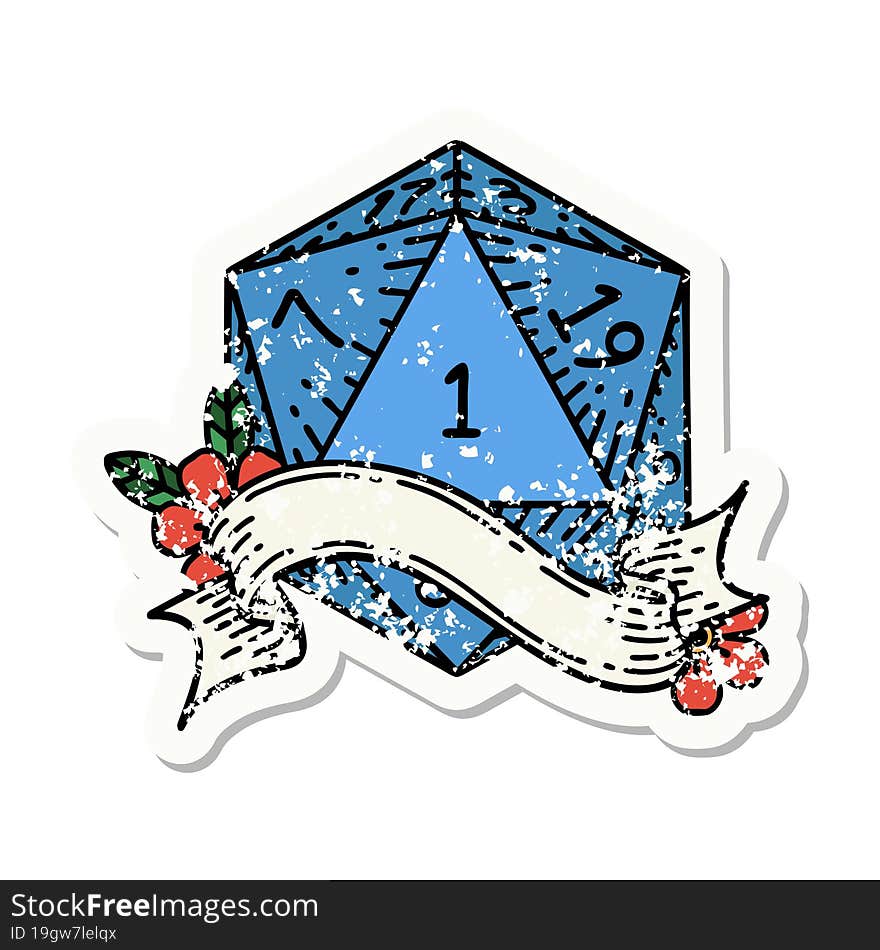 natural one d20 dice roll grunge sticker