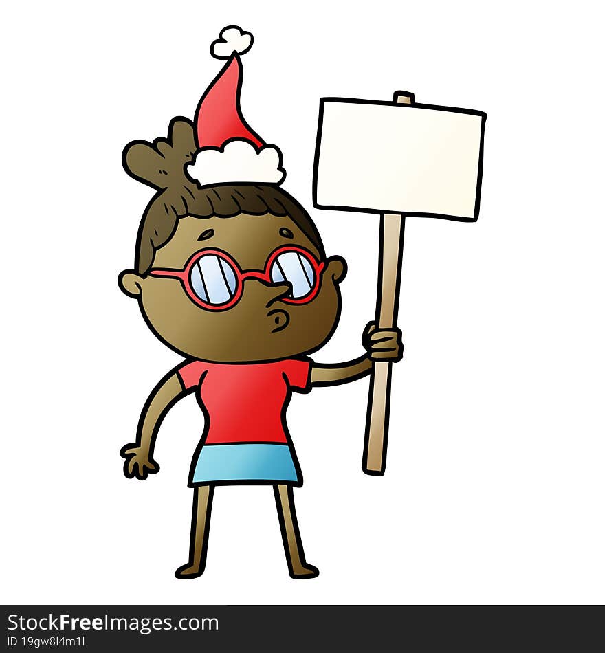 gradient cartoon of a woman wearing glasses wearing santa hat