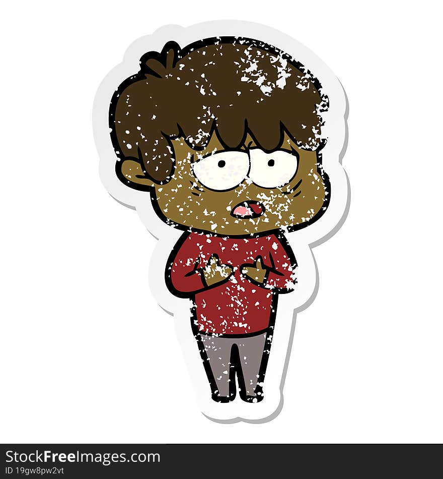 Distressed Sticker Of A Cartoon Exhausted Boy