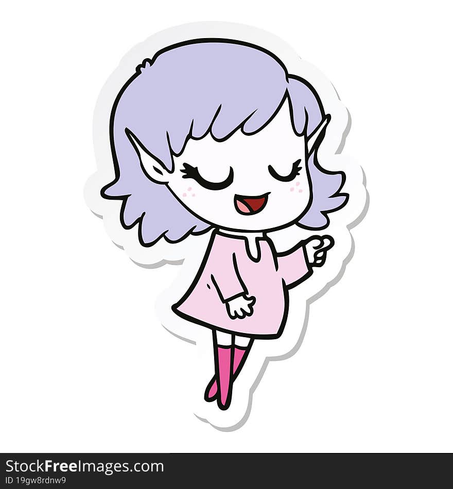 sticker of a happy cartoon elf girl pointing