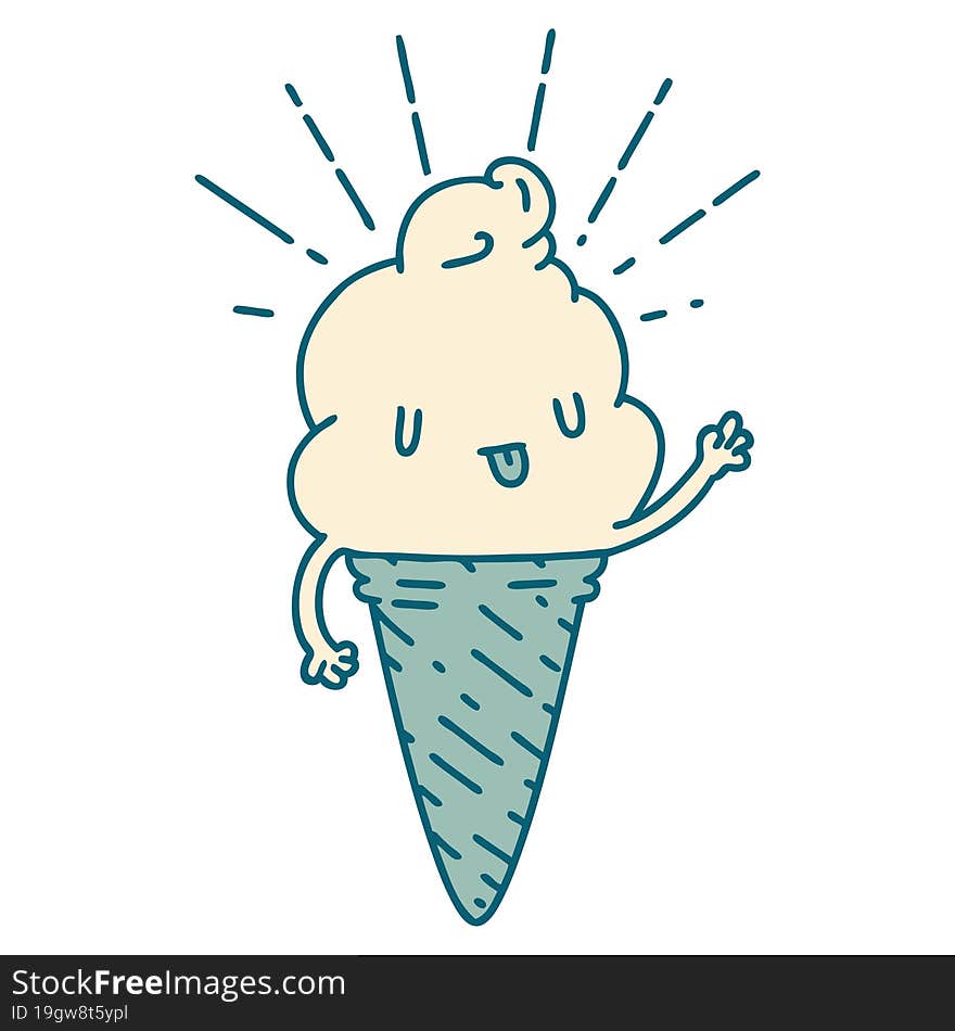 traditional tattoo style ice cream character waving