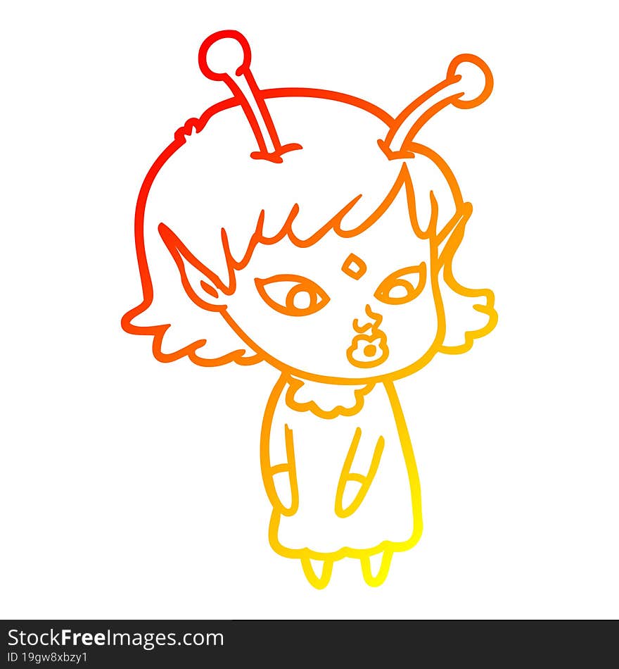 warm gradient line drawing pretty cartoon alien girl