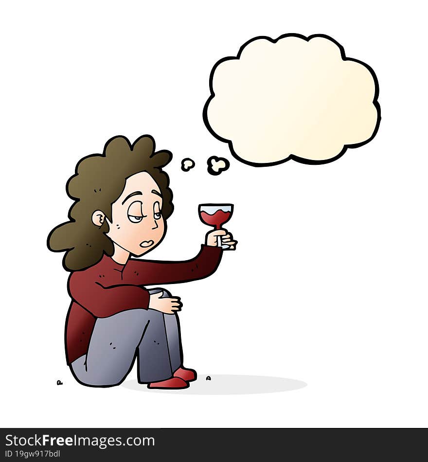 cartoon unhappy woman with glass of wine with thought bubble