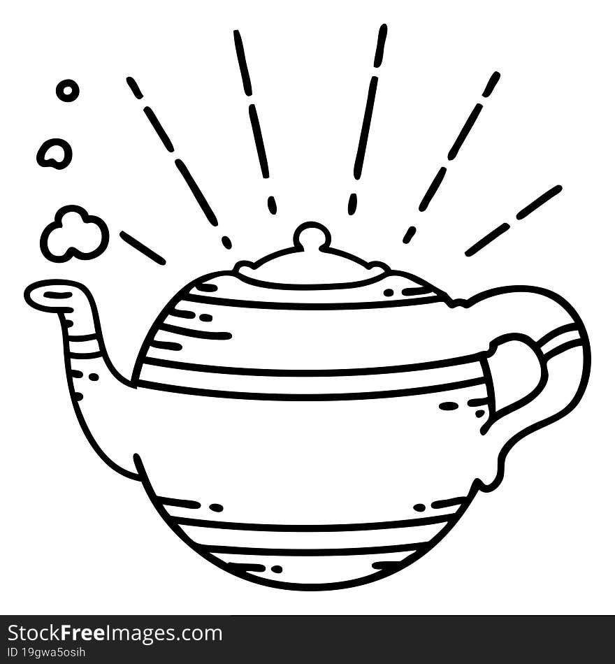 Traditional Black Line Work Tattoo Style Steaming Teapot