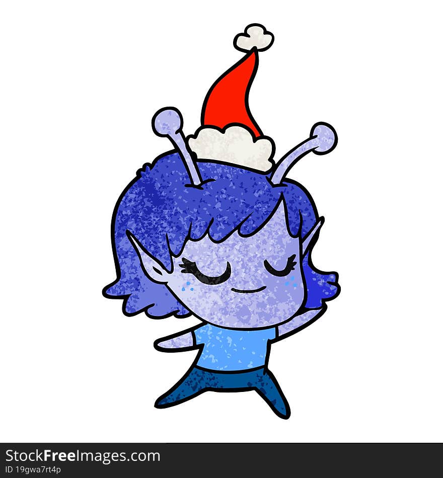 smiling alien girl textured cartoon of a wearing santa hat