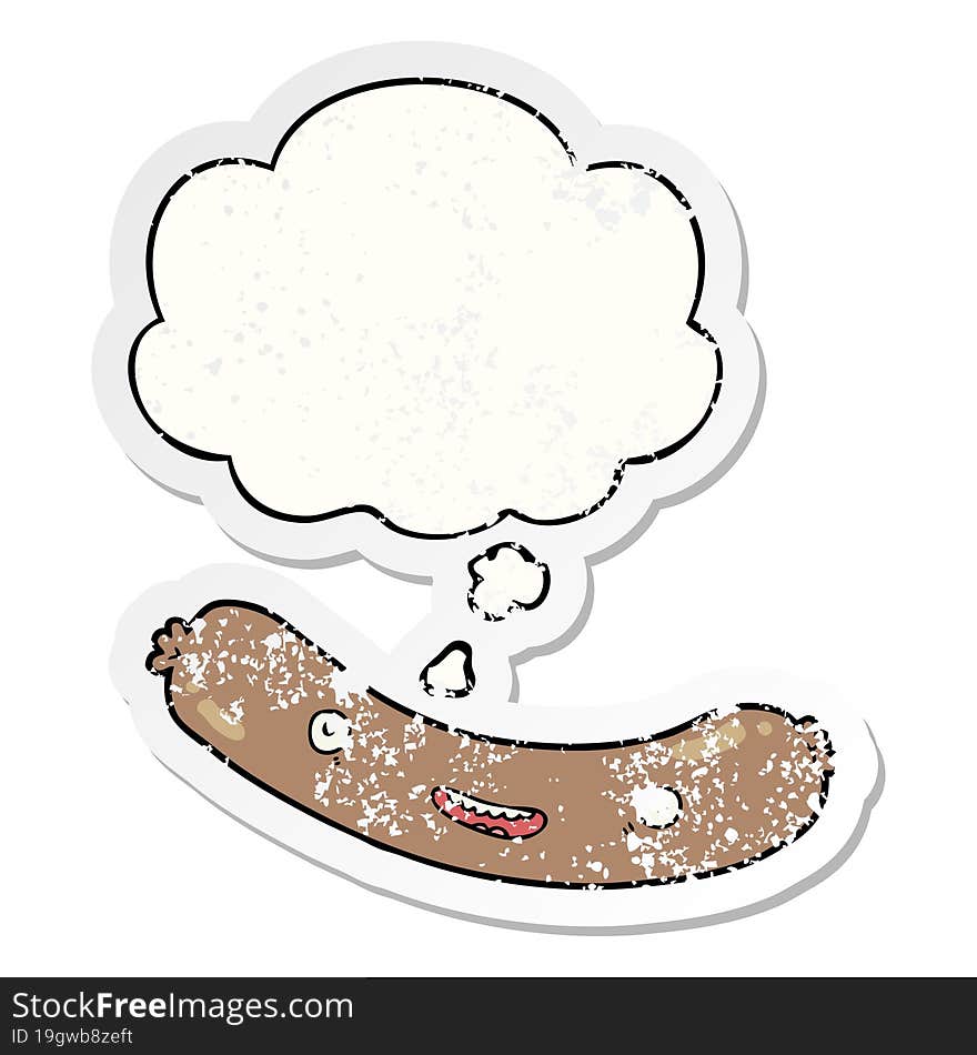 cartoon sausage and thought bubble as a distressed worn sticker