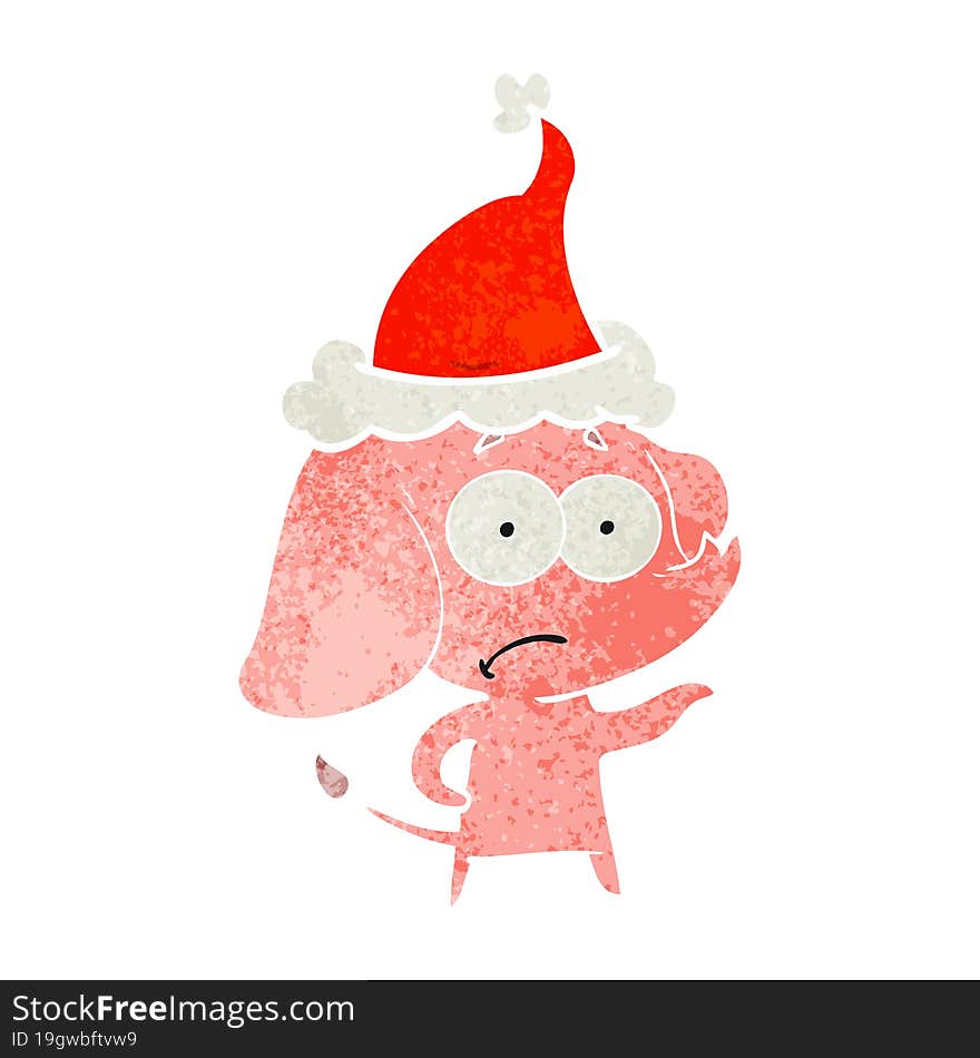 retro cartoon of a unsure elephant wearing santa hat