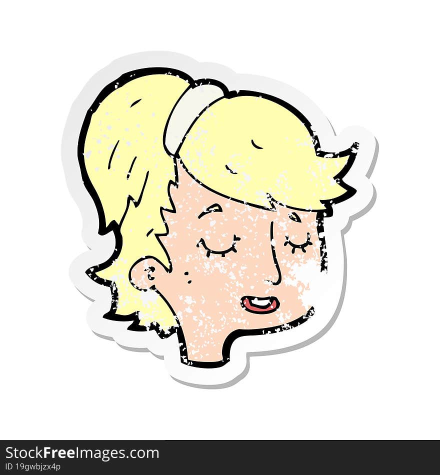 retro distressed sticker of a cartoon pretty female face