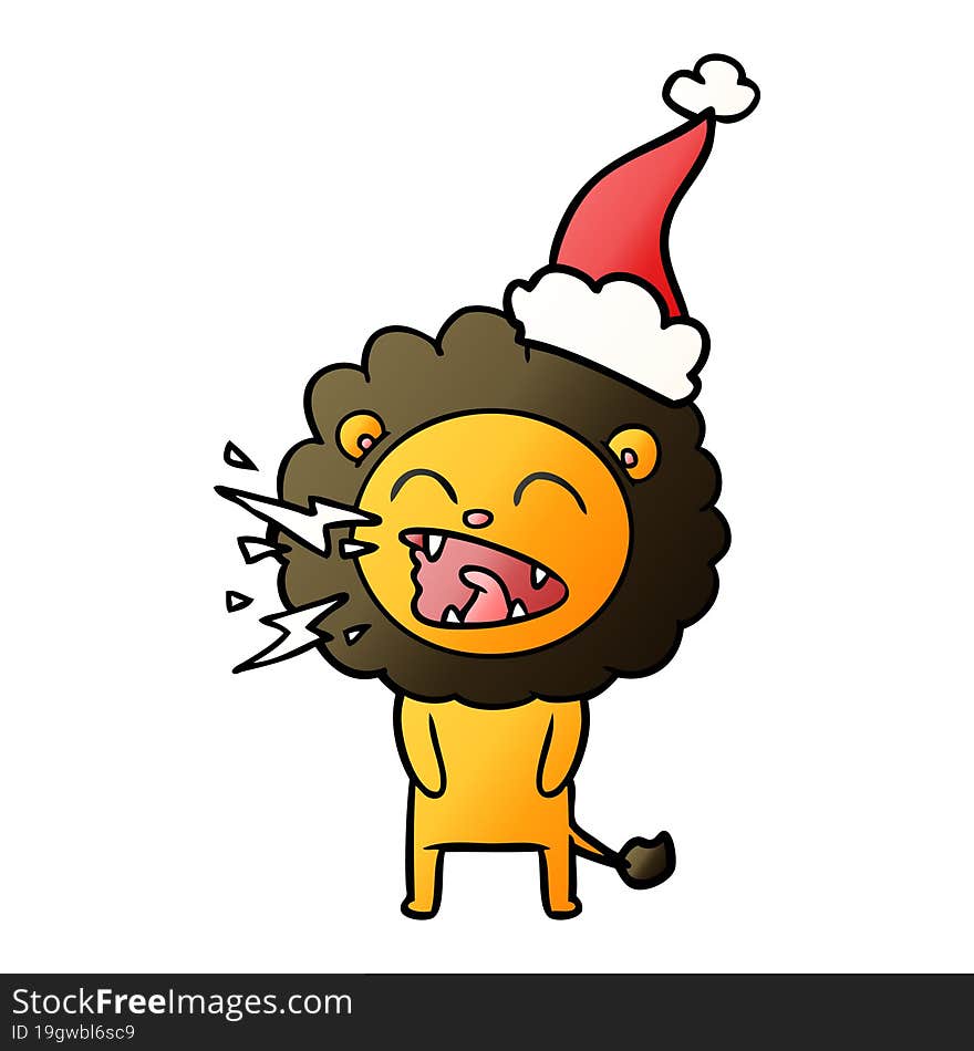 gradient cartoon of a roaring lion wearing santa hat