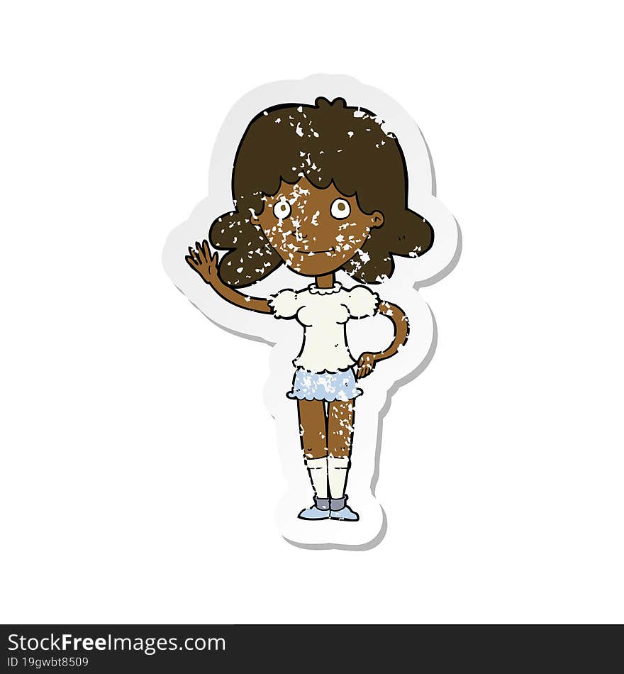 Retro Distressed Sticker Of A Cartoon Woman Waving