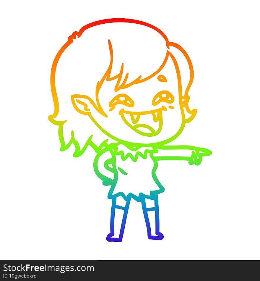 rainbow gradient line drawing of a cartoon laughing vampire girl