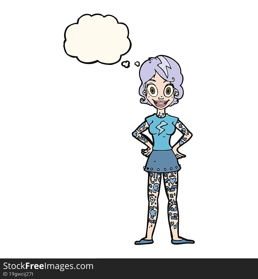 cartoon woman with heavy tattoos with thought bubble