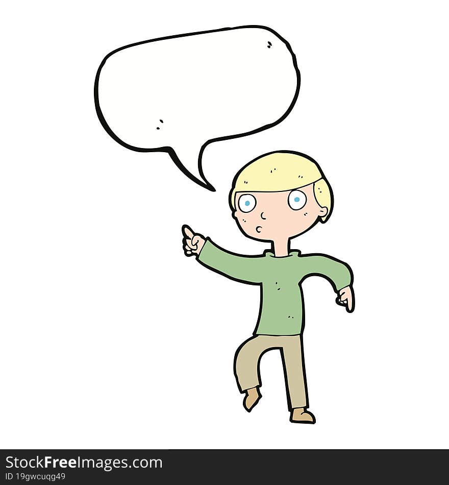 cartoon boy pointing with speech bubble