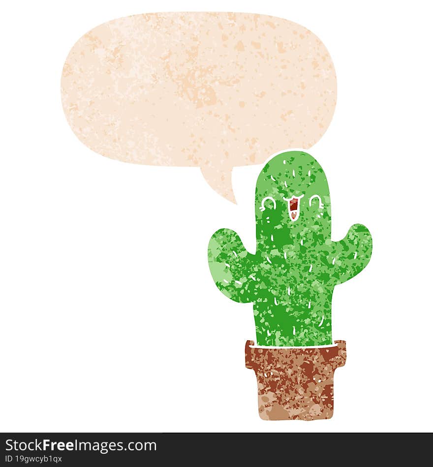 cartoon cactus and speech bubble in retro textured style