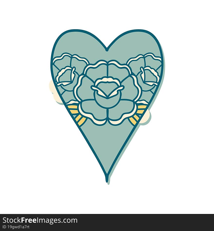 sticker of tattoo in traditional style of a heart and flowers. sticker of tattoo in traditional style of a heart and flowers