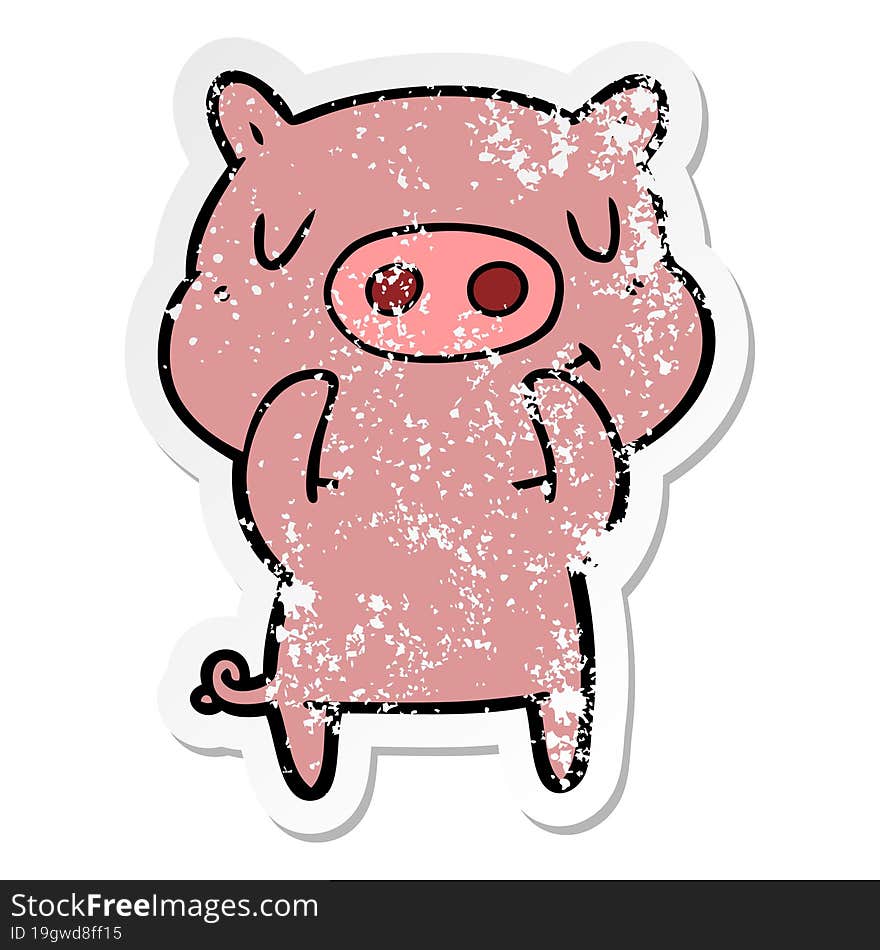 distressed sticker of a cartoon content pig