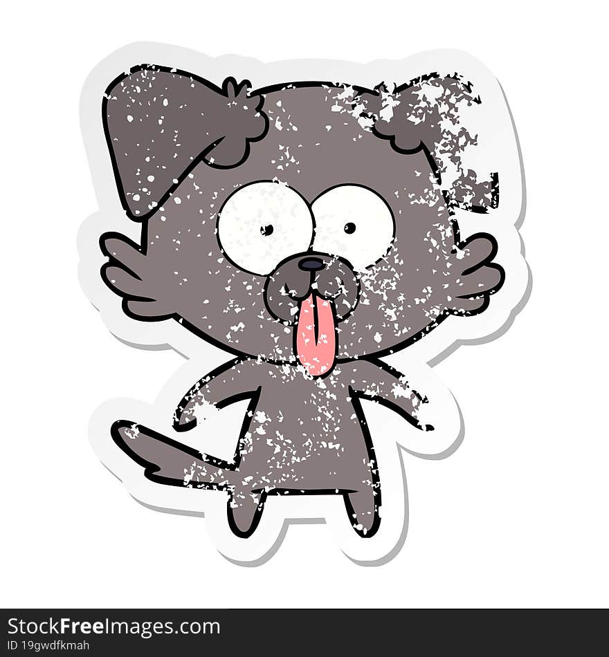 distressed sticker of a cartoon dog with tongue sticking out