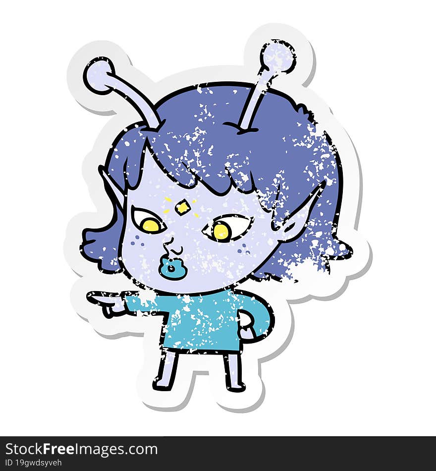 distressed sticker of a pretty cartoon alien girl