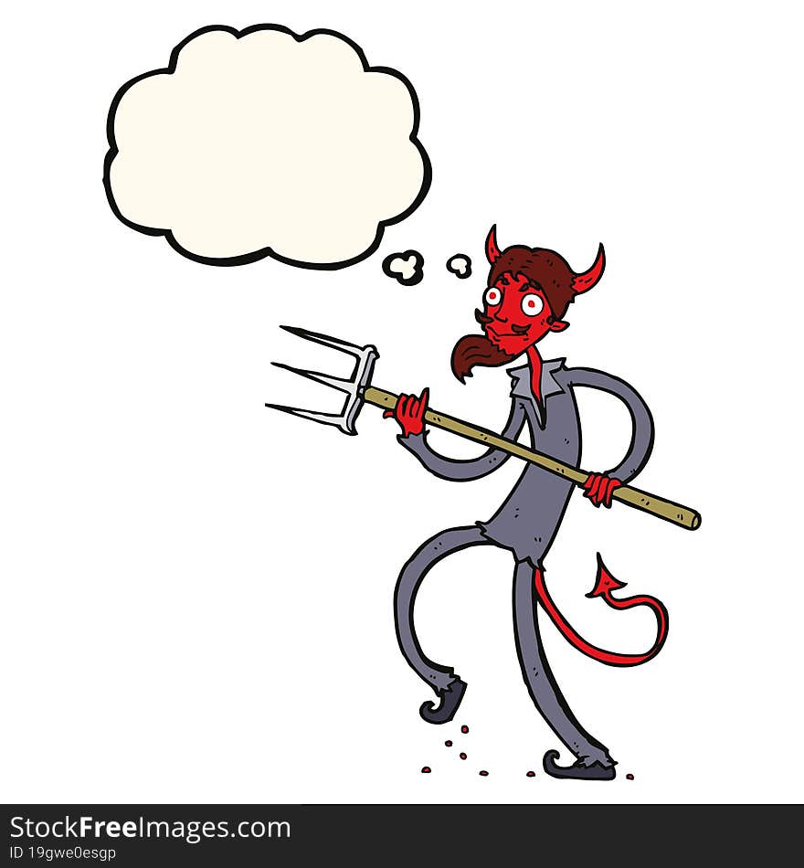 cartoon devil with pitchfork with thought bubble