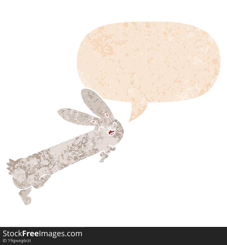 funny cartoon rabbit and speech bubble in retro textured style