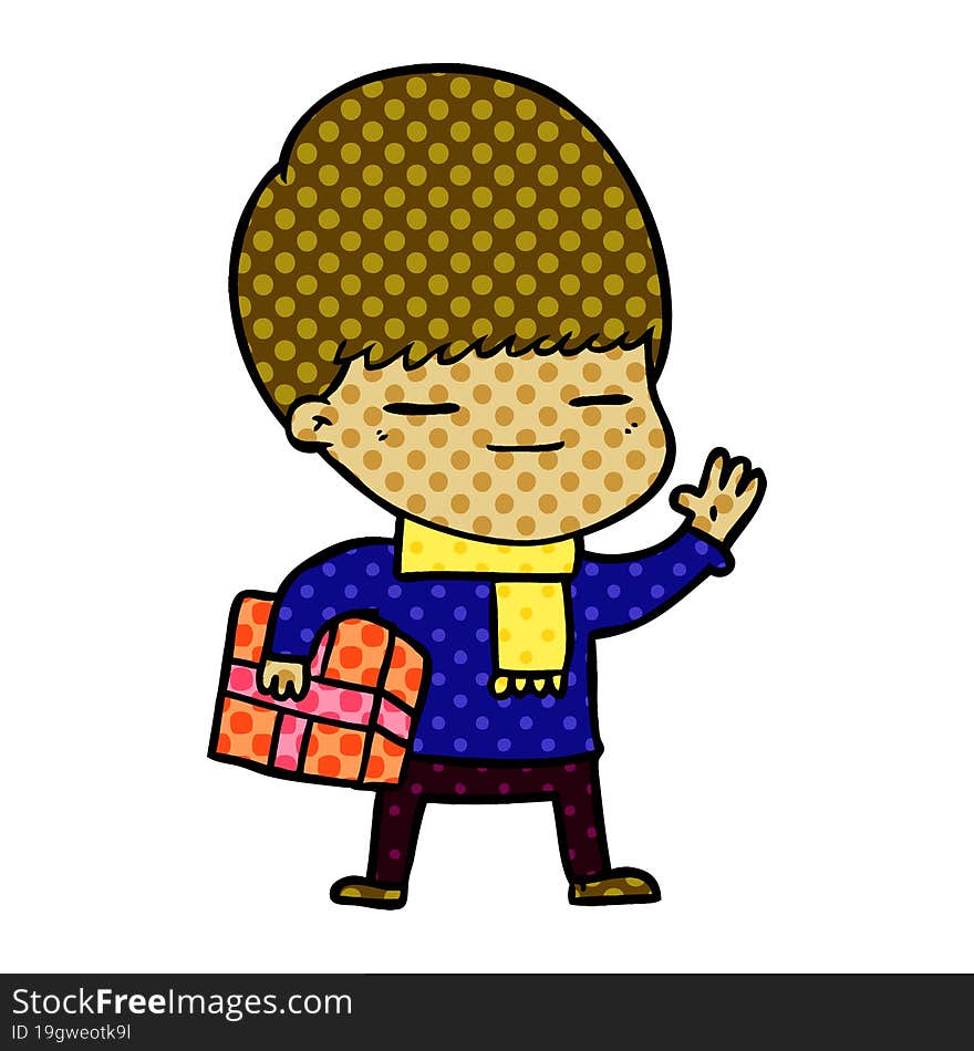 cartoon smug boy carrying present. cartoon smug boy carrying present