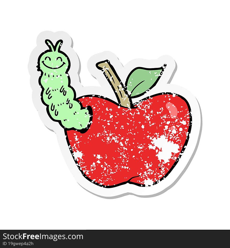 retro distressed sticker of a cartoon apple with bug