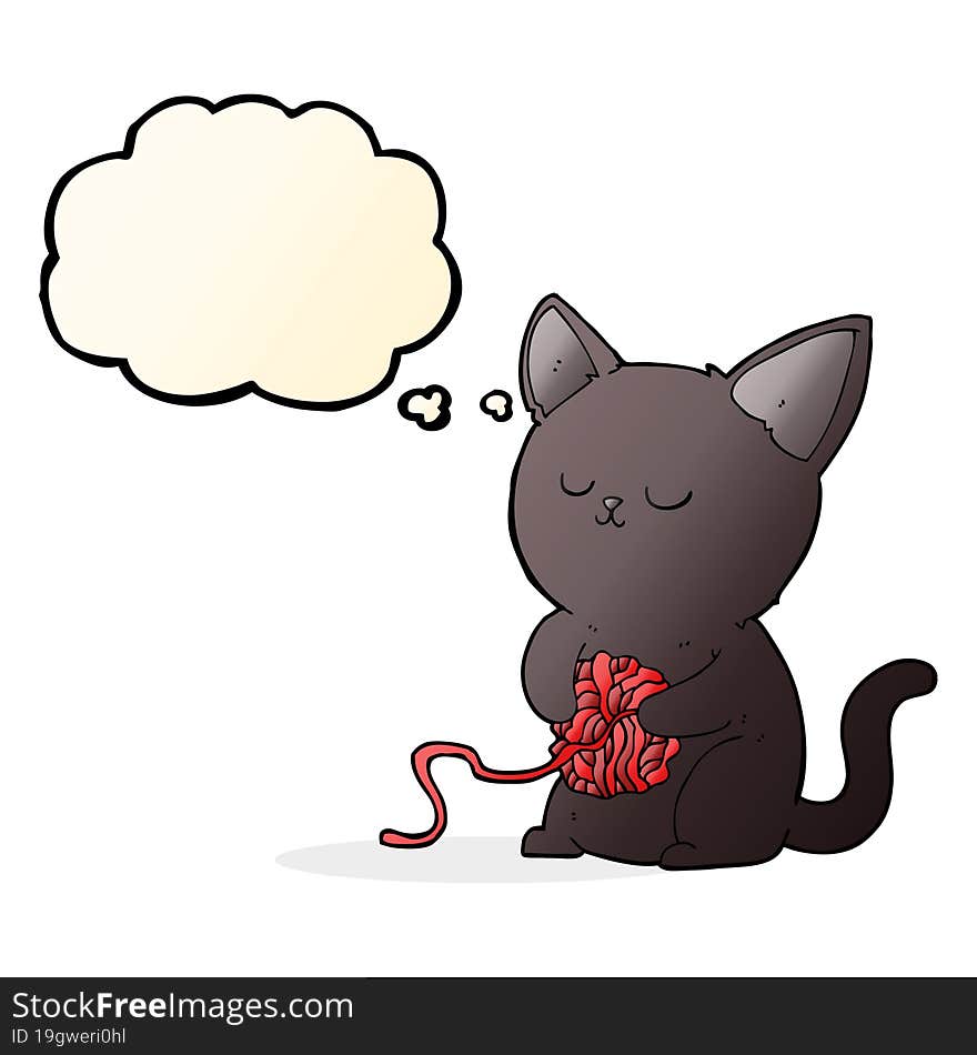 cartoon cute black cat playing with ball of yarn with thought bubble