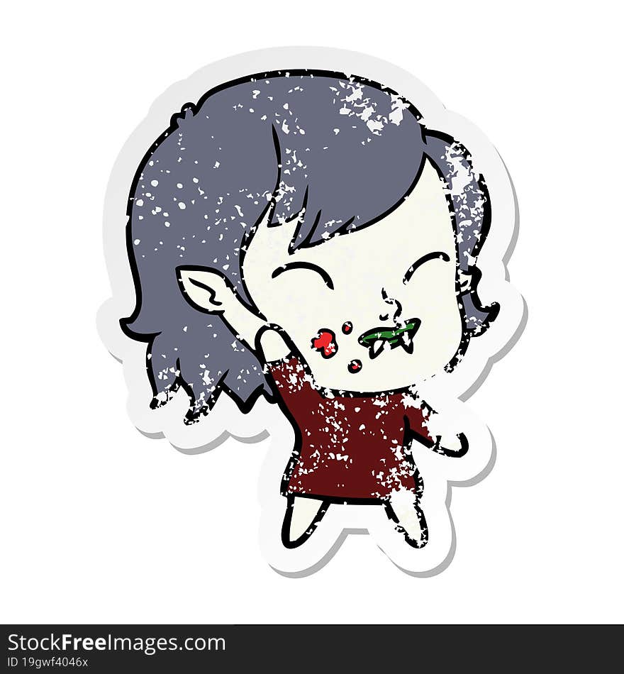 Distressed Sticker Of A Cartoon Vampire Girl With Blood On Cheek