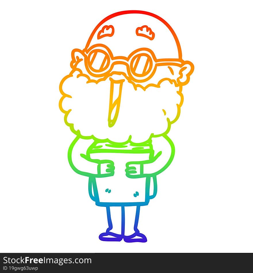 rainbow gradient line drawing cartoon joyful man with beard and book