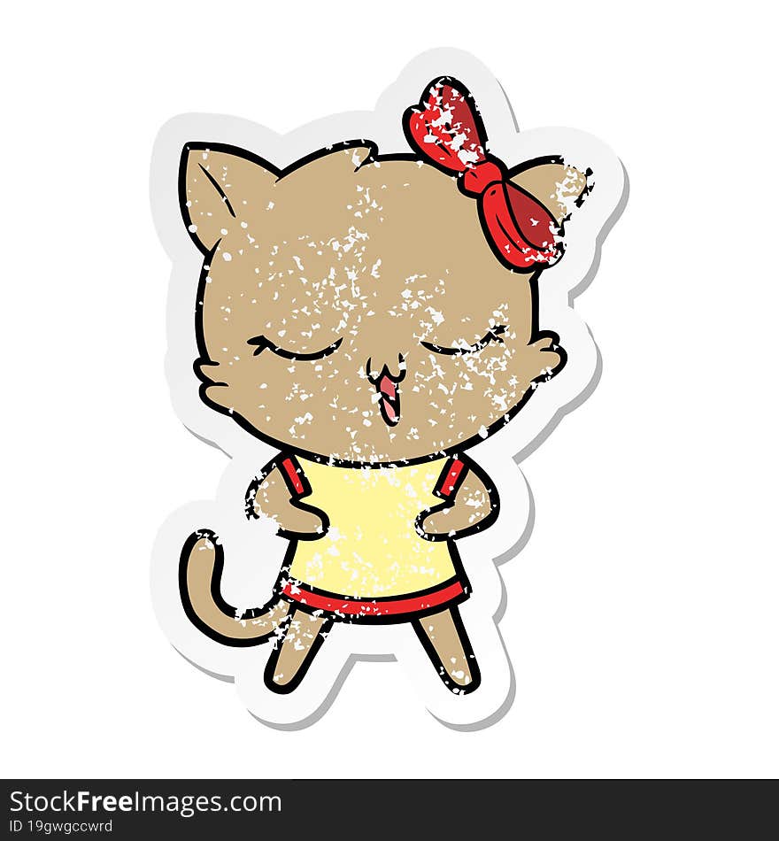 distressed sticker of a cartoon cat with bow on head