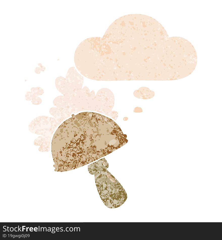 cartoon mushroom with spore cloud and thought bubble in retro textured style