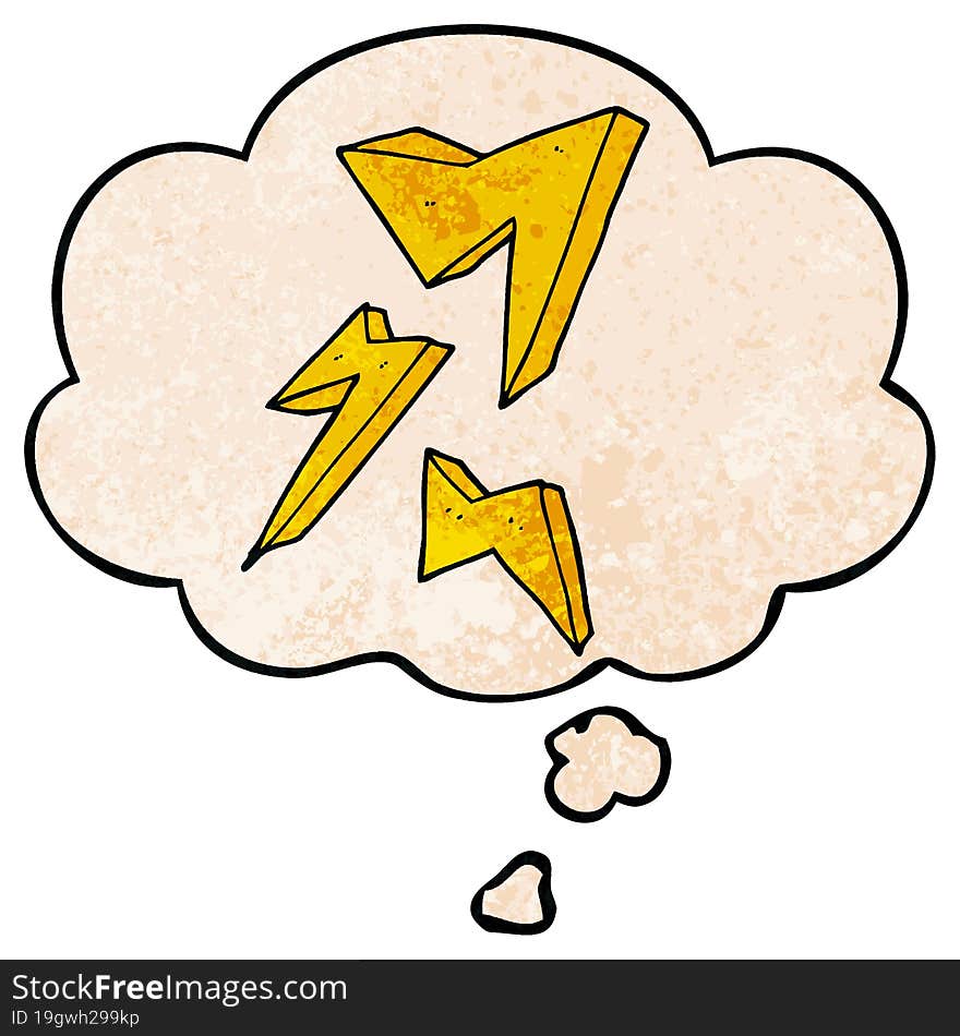 cartoon lightning bolt and thought bubble in grunge texture pattern style