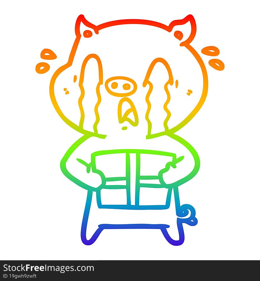 rainbow gradient line drawing of a crying pig cartoon delivering christmas present