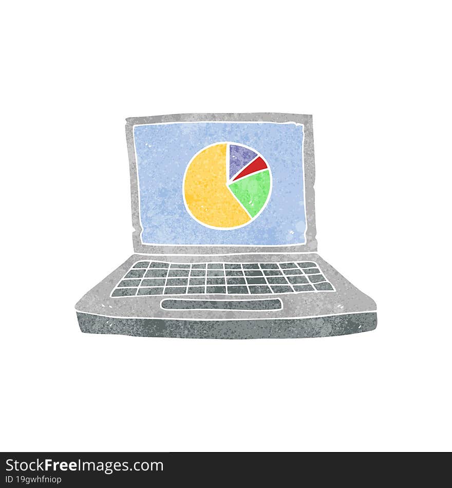 freehand retro cartoon laptop computer with pie chart