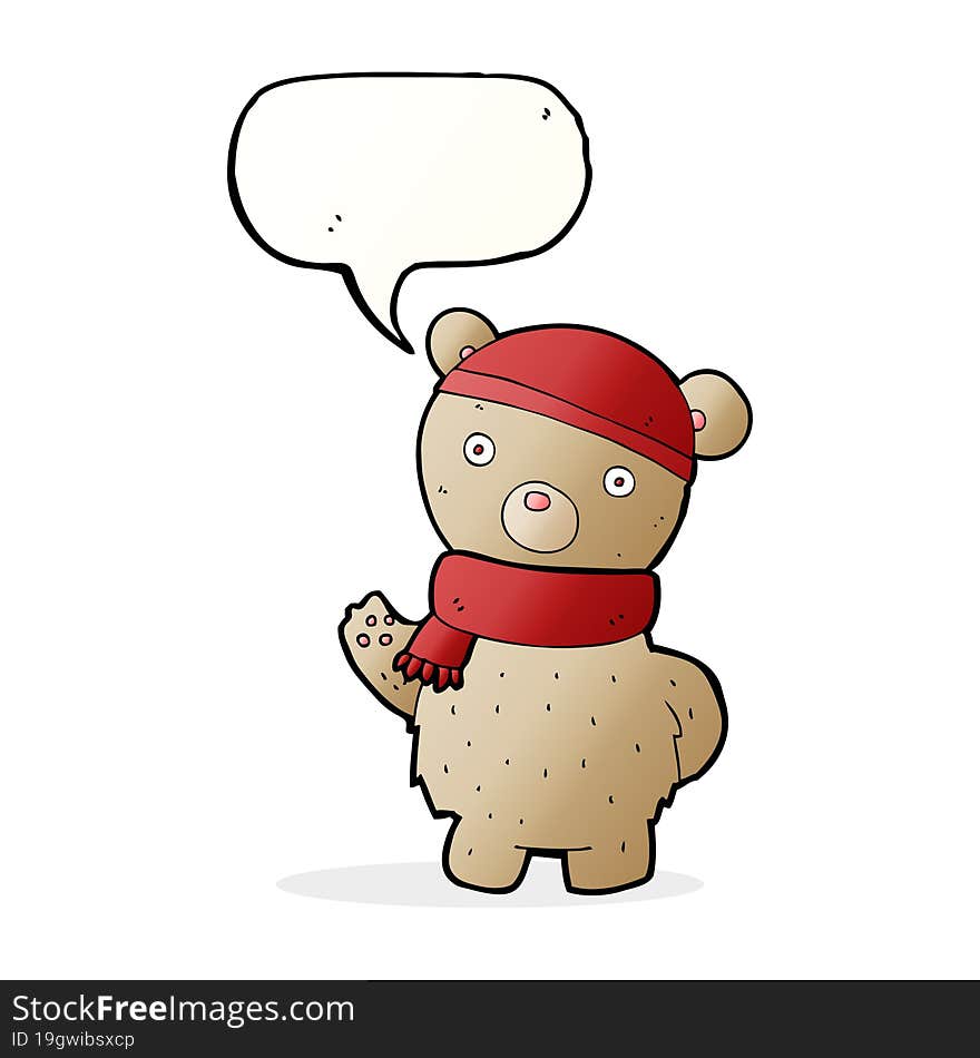 cartoon teddy bear in winter hat and scarf with speech bubble