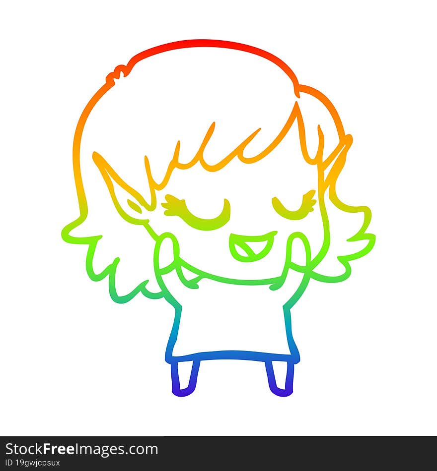 rainbow gradient line drawing of a happy cartoon elf girl