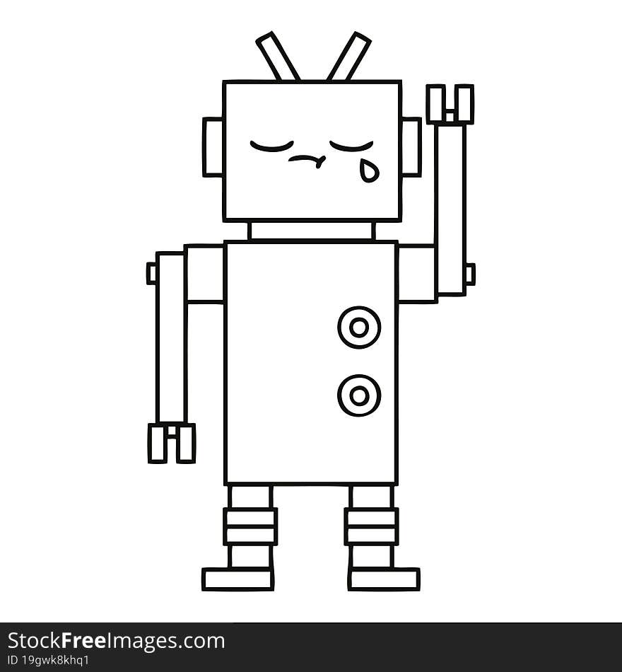 line drawing cartoon of a crying robot