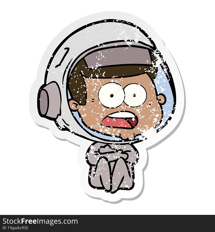 distressed sticker of a cartoon surprised astronaut