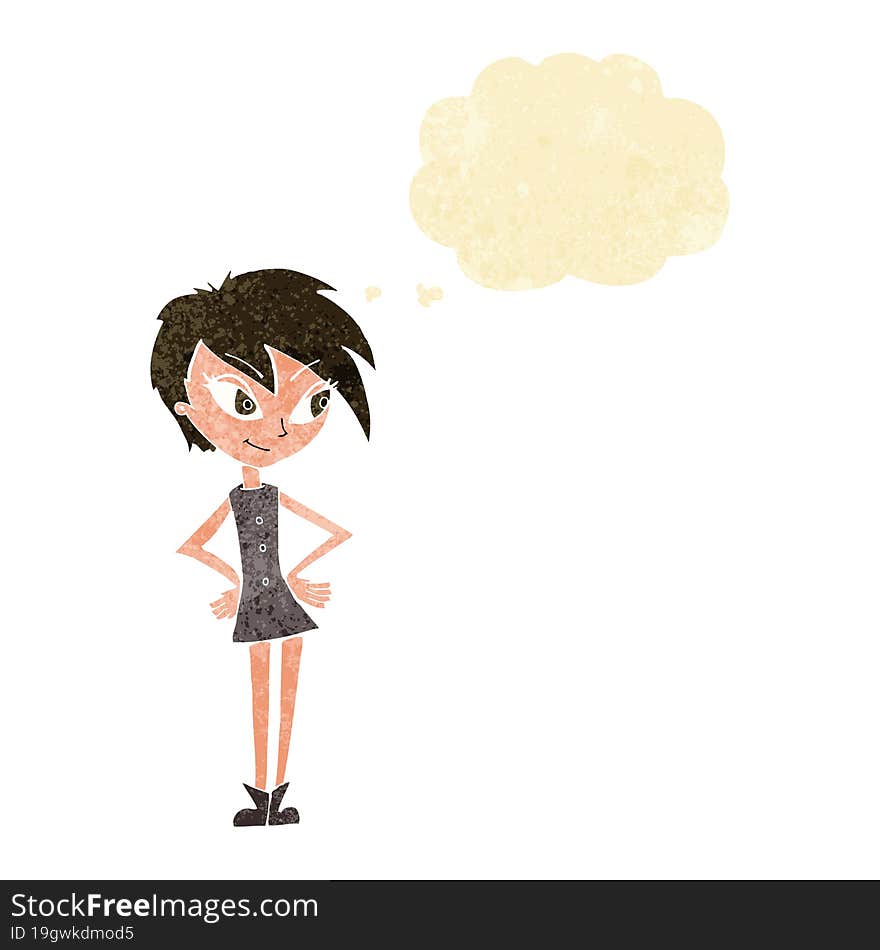 cartoon girl with hands on hips with thought bubble