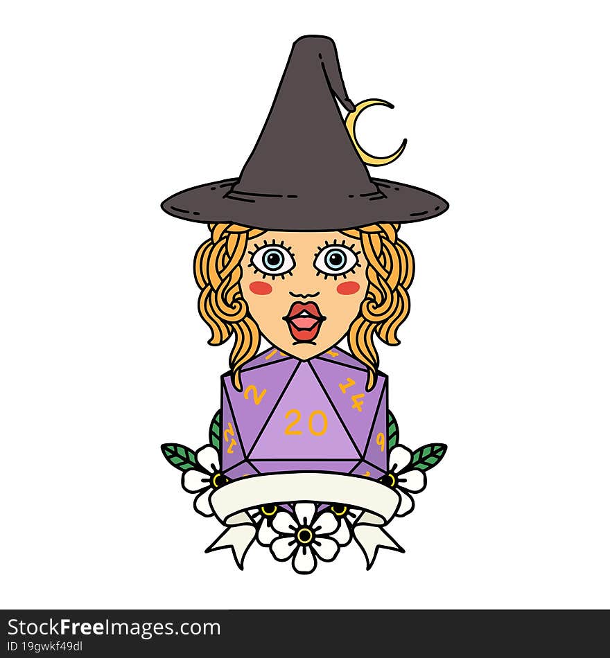 human witch with natural twenty dice roll illustration